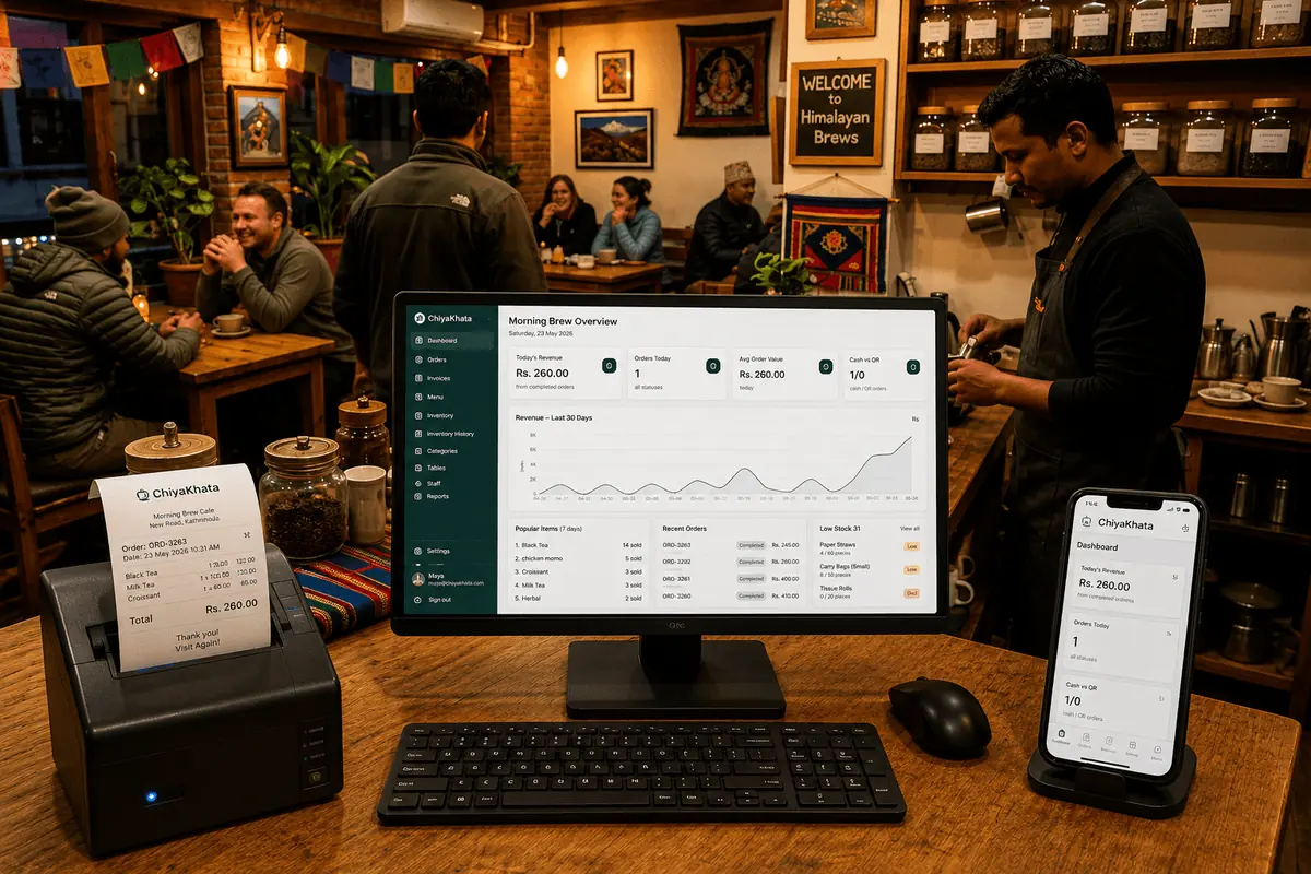 A Nepal tea shop counter with a modern POS tablet for billing