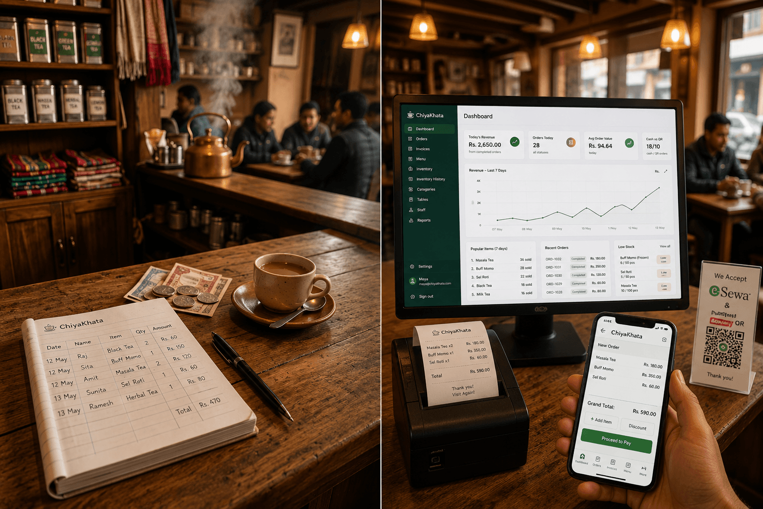 Comparison of a notebook ledger versus a modern digital billing app