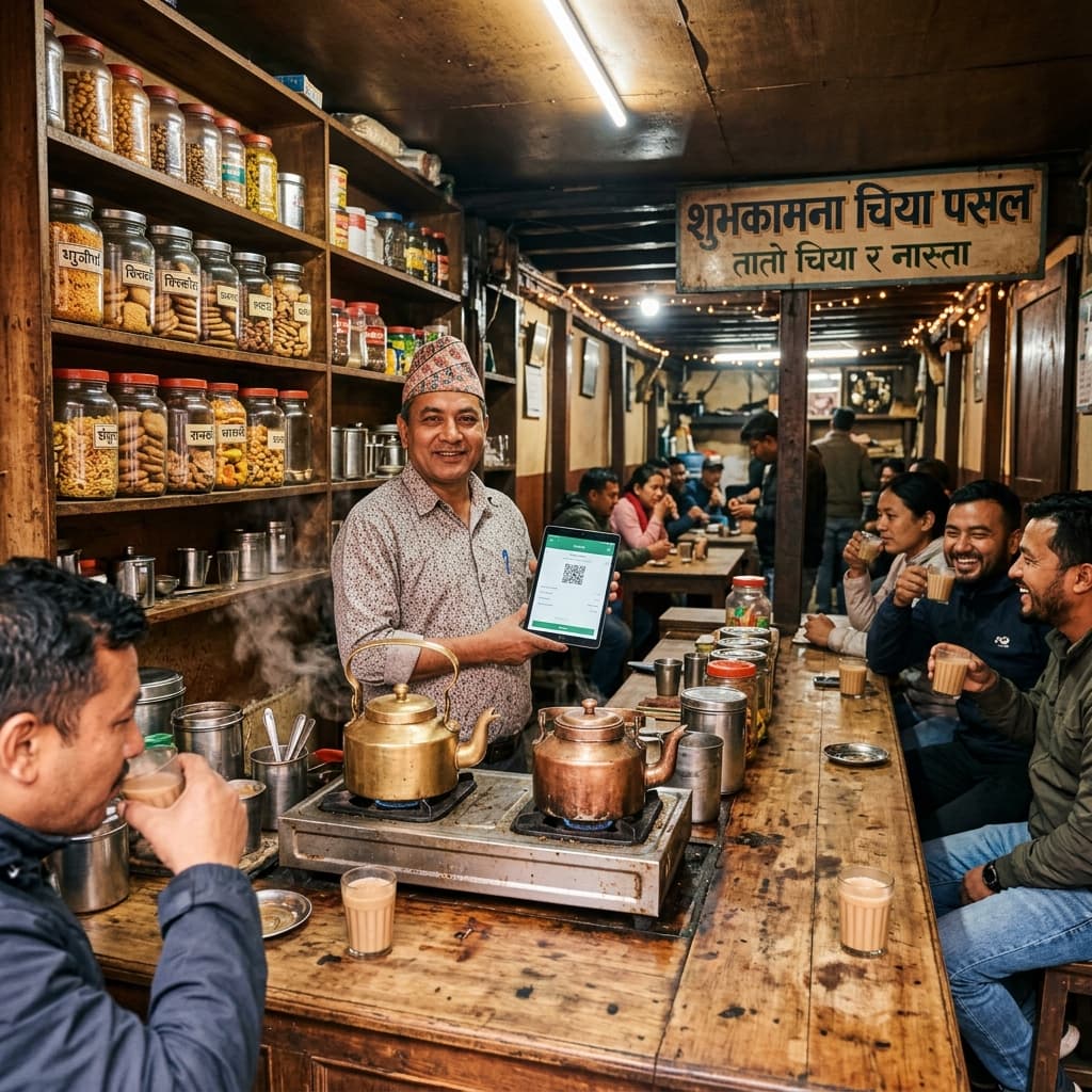 A busy Nepal tea shop with staff serving customers