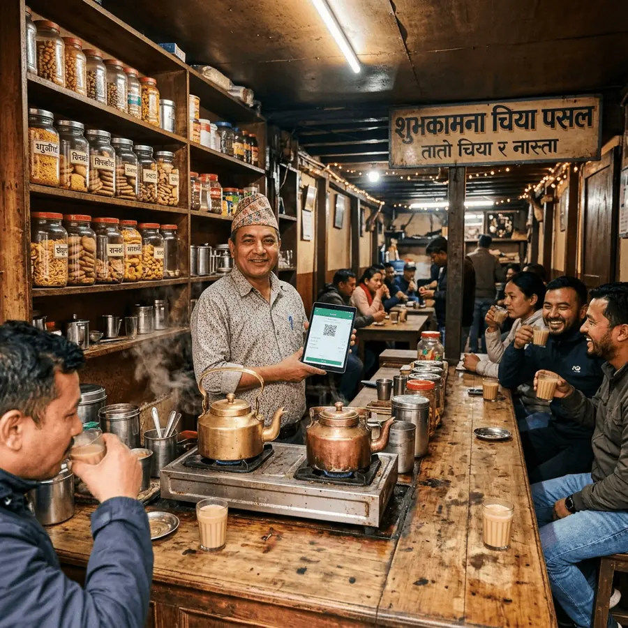 A busy Nepal tea shop with staff serving customers and the owner managing operations from the counter