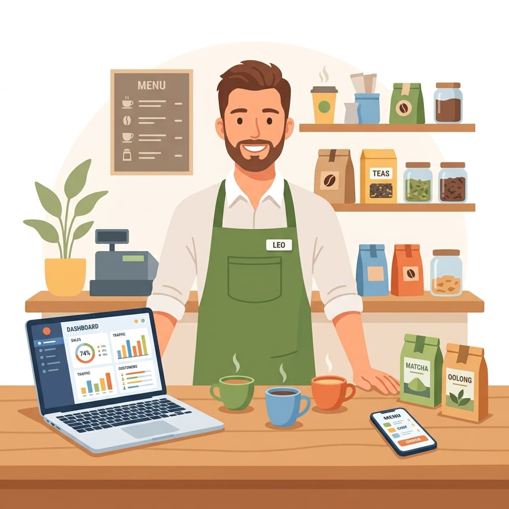 Smiling tea shop owner using ChiyaKhata digital khata app to manage sales in his modern tea shop