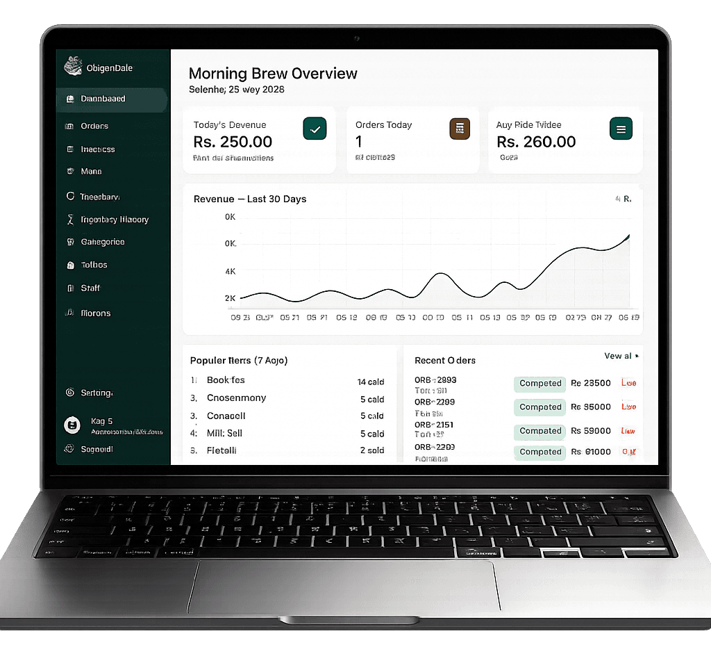 ChiyaKhata desktop dashboard on a MacBook laptop showing revenue, orders and analytics for a Nepal tea shop