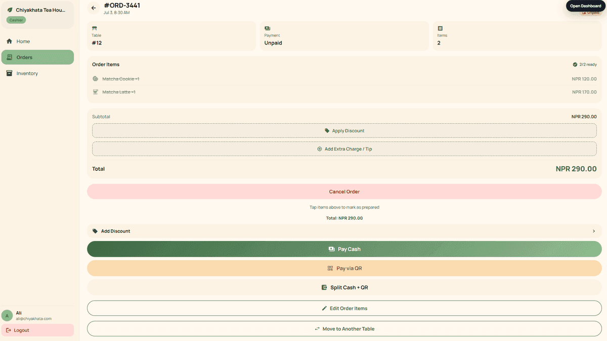 ChiyaKhata POS billing screen for adding food items to an order