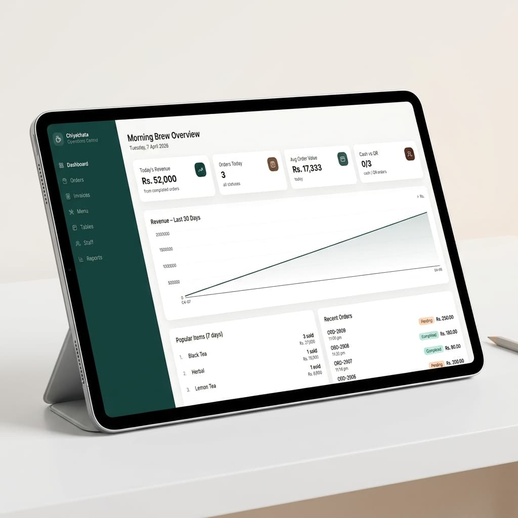 ChiyaKhata dashboard on an iPad tablet showing orders and revenue for a Nepal tea shop